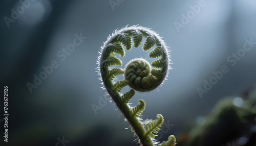 A macro of a fern fiddlehead spiral unfurling in a mysterious foggy forest. Atmospheric dark nature visual, concept for eco conscious design or a moody website banner