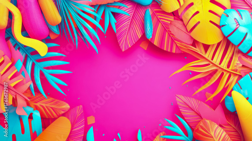 Dynamic Frame of Colorful Abstract Tropical Leaves and Shapes in Bright Neon Hues of Yellow, Blue, Pink, and Orange, Centered on Hot Pink Surface