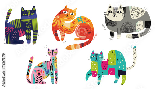 Cheerful feline collection in vibrant colors and charming cartoon style that brings joy and creativity to any project with playful decorative kitty elements and modern animal