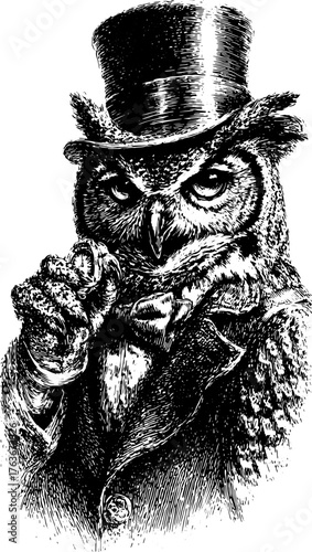 Owl engraving in vintage style. Detailed black and white vector illustration featuring an elegant character with a hat, part of a creative set.