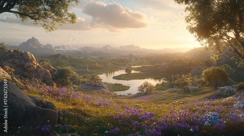Golden Hour Serenity: Wildflower Meadow Overlooking River Valley and Distant Mountains