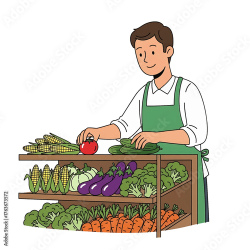 Greengrocer Arranging Fresh Produce A Healthy Food Display