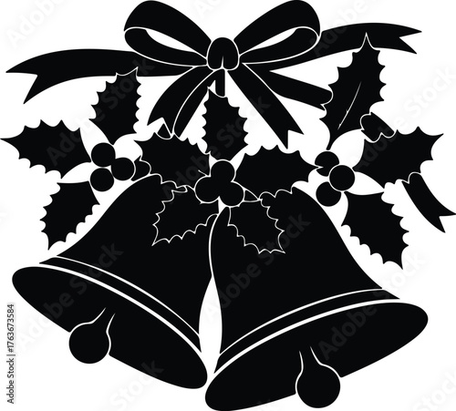 Vector Christmas bells with holly berries and ribbon bow silhouette illustration