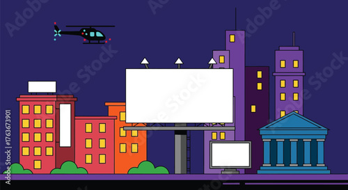 Blank billboard in city at night with helicopter illustration editable