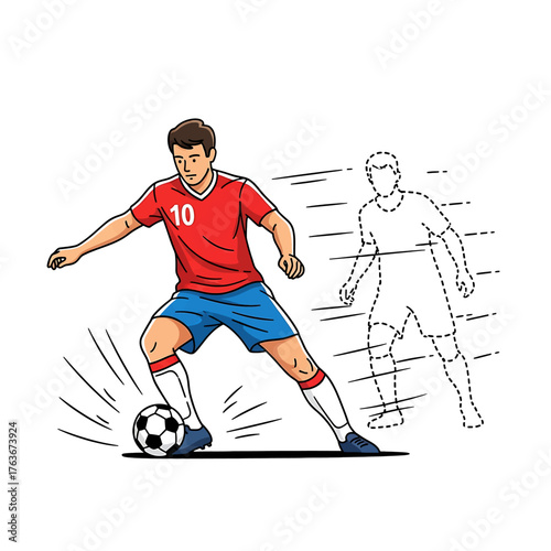 Soccer player kicking ball, vector illustration, footballer in action