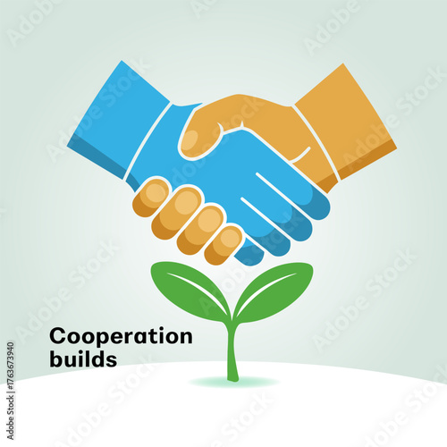 Handshake with growing plant, cooperation builds prosperity, environmental partnership symbol, sustainable teamwork, green business collaboration logo vector
