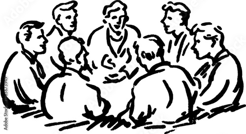 Group meeting illustration showing a discussion among people. Simple sketch in black and white, vector style emphasizing collaboration and teamwork.