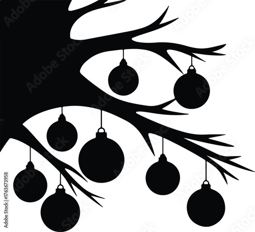 Vector Christmas tree branch with baubles hanging silhouette illustration