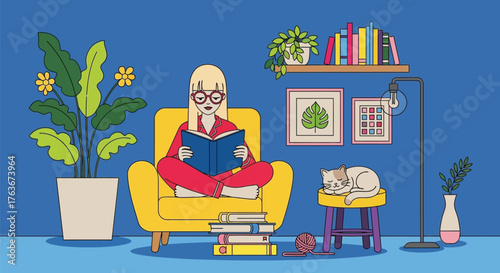 Woman reading book in cozy room illustration for relaxation editable