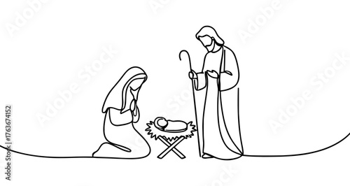 Nativity scene: Virgin Mary, Joseph and Jesus in the manger, drawn with one continuous line. Black outline illustration isolated on white background. Vector illustration.