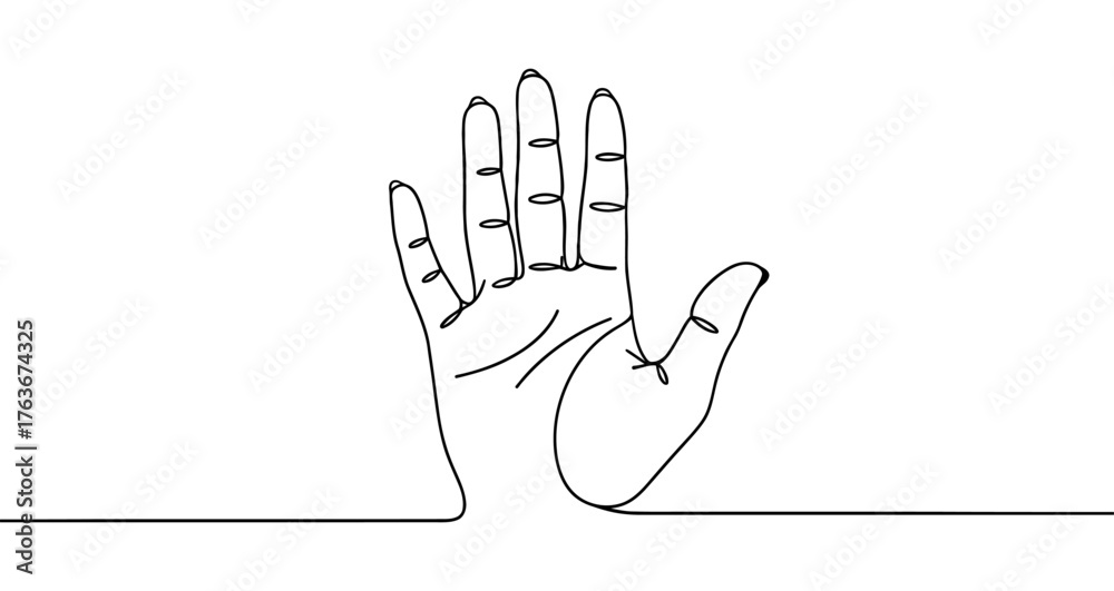 Obraz premium Open palm hand drawn with one continuous line. Black outline illustration isolated on white background. Vector illustration.