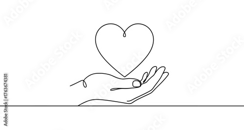 Open hand holding a heart drawn with one continuous line. Black outline illustration isolated on white background. Vector illustration.