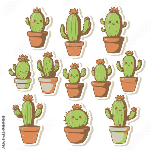 A collection of cute, cartoon-style potted cacti with smiling faces and rosy cheeks.