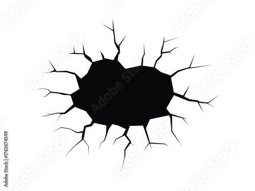 Broken cracked hole on wall silhouette, Damage fracture texture, Cracked surface hole damaged illustration with wall and ground crack texture