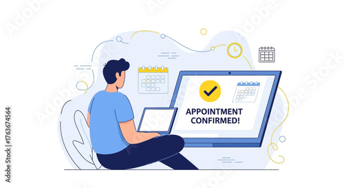 Booking confirmed online with confirmation, calendar, time, and laptop illustration