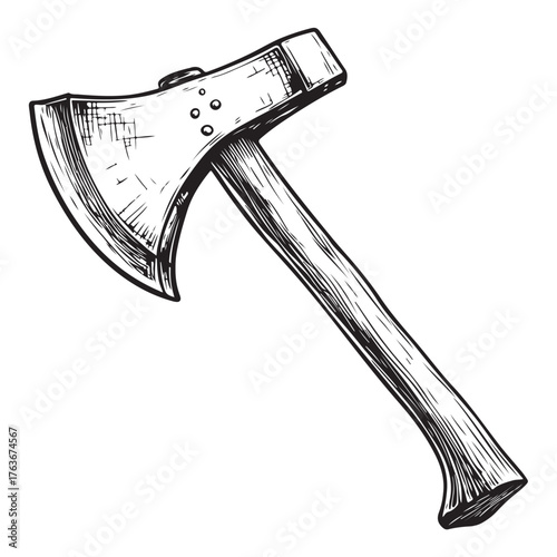Vintage double-headed axe with rustic wooden handle displayed against a neutral background 
