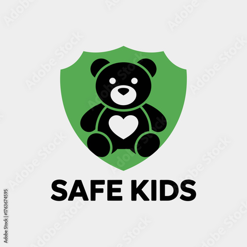 Safe kids shield logo, cute bear emblem, child welfare protection, security branding element, trusted family safety program vector