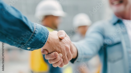 Handshake contractor subcontractor agreement construction site meeting between two workers showing cooperation and professionalism in work environment