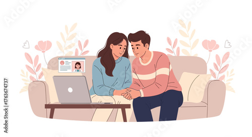 Couple Engaged In Online Video Conference Call, Looking Affectionate And Thoughtful