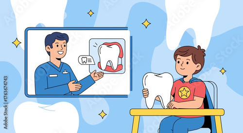 Dental Education: A Child Learns About Teeth Health From a Doctor via Video Call