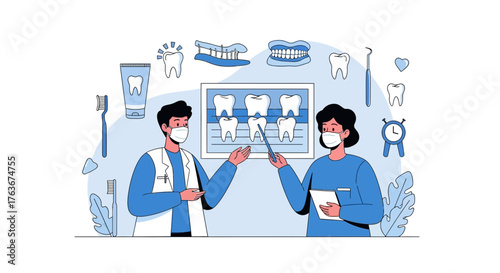 Dental Professionals Explaining Dentistry Procedures To Patient With Illustrated Teeth Diagram