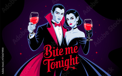 Vampire couple holding wine glasses with red drink. Dramatic Halloween style illustration with elegant vampires, text Bite Me Tonight. Halloween gothic art for poster, banner, card, party design