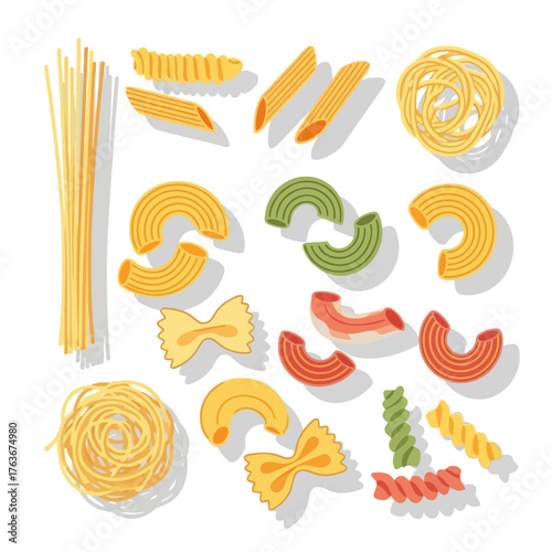 An assortment of various dry pasta shapes including spaghetti, penne, fusilli, farfalle, and macaroni, displayed on a white background.