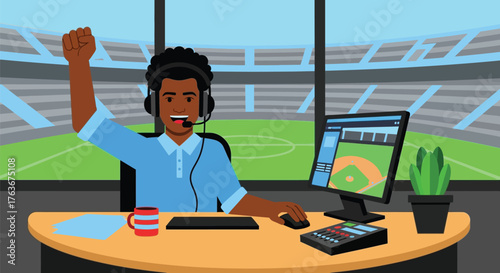 Sports analyst celebrating baseball game win at stadium studio editable
