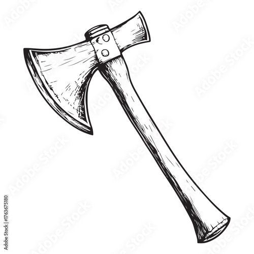 Vintage double-headed axe with rustic wooden handle displayed against a neutral background 
