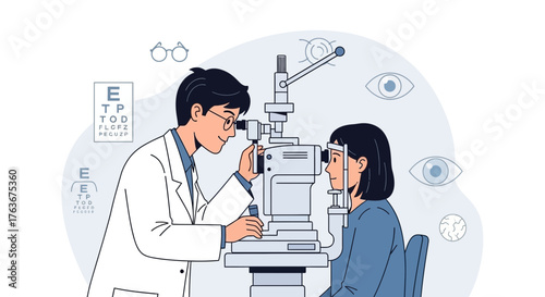 Illustration Of Optometrist Examining Patient's Eyesight In A Medical Environment