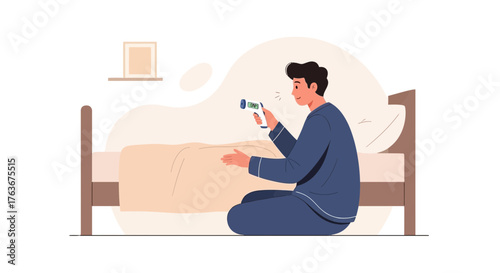 Man Assessing With Infrared Thermometer For Possible Health Issues In The Bedroom