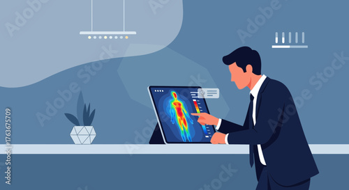 Medical Professional Analyzing Body Scan Results on Digital Tablet in Modern Office Setting