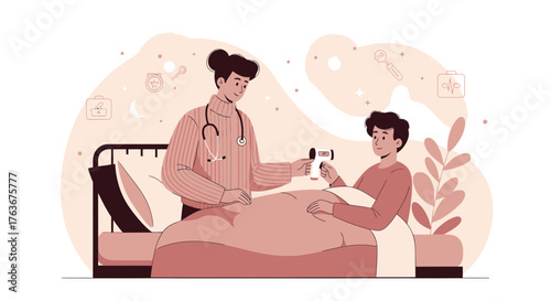Medical Professional Checking Patient's Temperature with Digital Thermometer Illustration