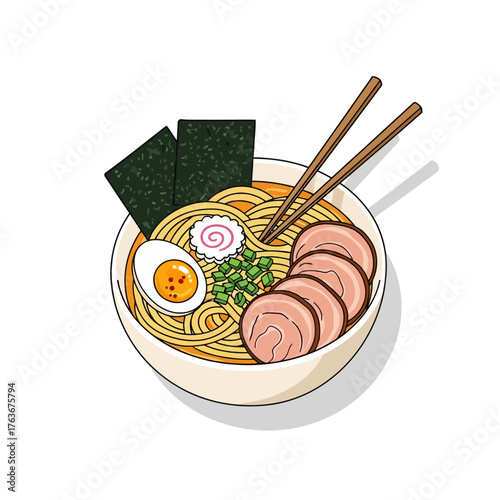 A delicious bowl of ramen noodles with sliced pork, a soft-boiled egg, nori seaweed, and green peas, served with chopsticks.