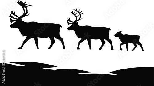 Vector reindeer family walking silhouette illustration