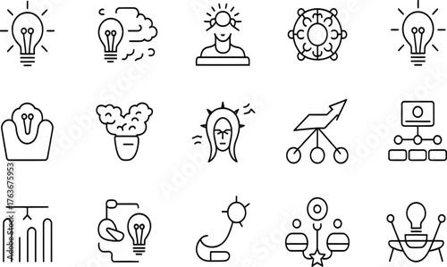 Ignite Innovation Creative Thinking Concepts Represented in Line Art Designs, Brainstorming and Idea Generation, Business Strategy, Problem Solving, and Insightful Solutions