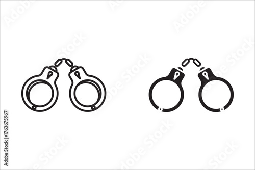 A pair of handcuff-shaped icons, one with a thinner border and one with a thicker border, representing law enforcement, crime, arrest, justice, security, and detention, black and white vector graphics