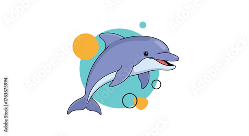Cartoon Dolphin Swimming in the Ocean with Colorful Bubbles.