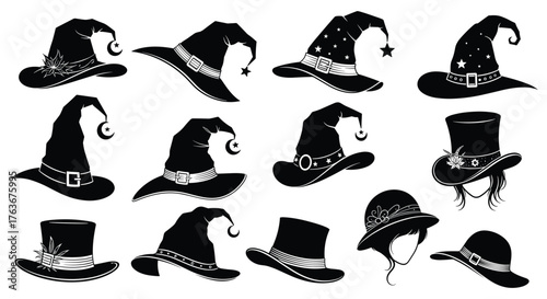 Collection of various witch hats in black and white silhouette.
