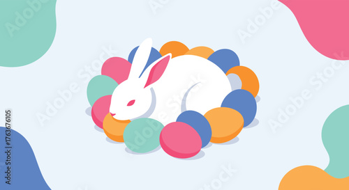 Easter Bunny Surrounded by Colorful Eggs.
