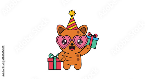 Cute cartoon bear wearing party hat and heart shaped glasses.