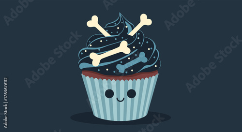 Cute Halloween Cupcake with Bones and Smiling Face.