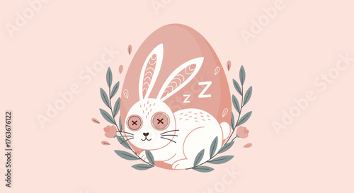 Cute sleeping bunny with Easter egg background and floral elements.