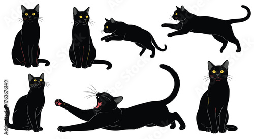 Black Cats in Various Poses: A Collection of Feline Silhouettes.