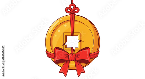 Chinese Coin Ornament with Red Bow and Knot.