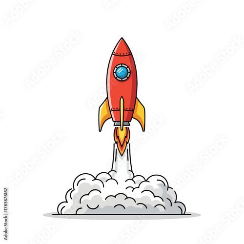 A red cartoon rocket ship launching upwards with a large plume of smoke and fire.