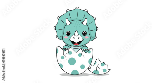 Cute cartoon triceratops hatching from an egg adorable dinosaur illustration.