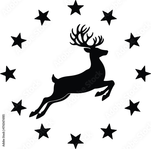 Vector reindeer silhouette jumping surrounded by stars christmas silhouette illustration