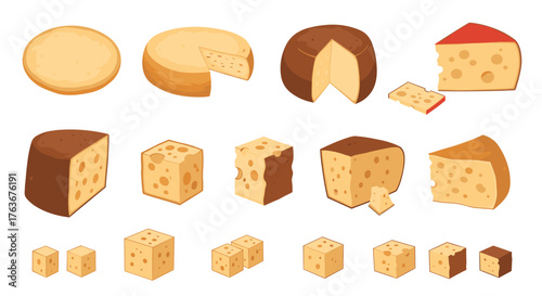 Various cheese types and shapes on white background.
