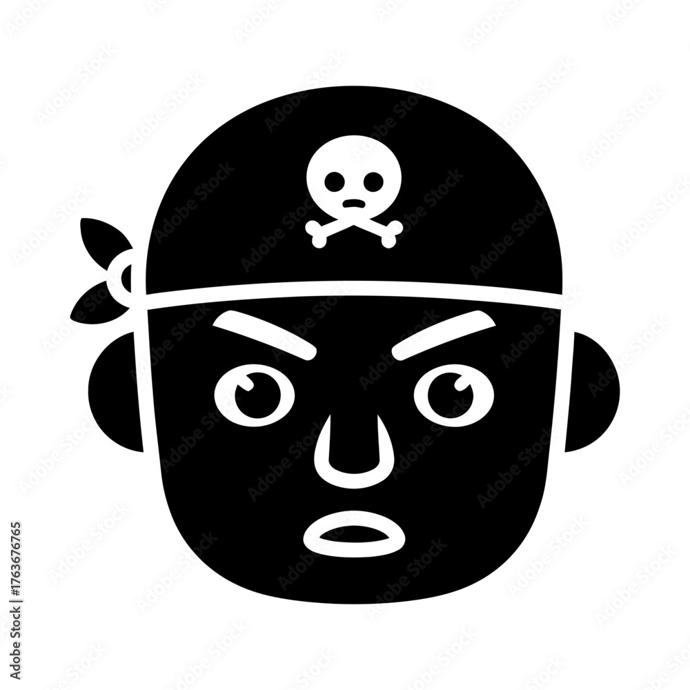 Fototapeta premium Black White Flat Design Pirate Head Icon, Angry Expression, Skull Crossbones